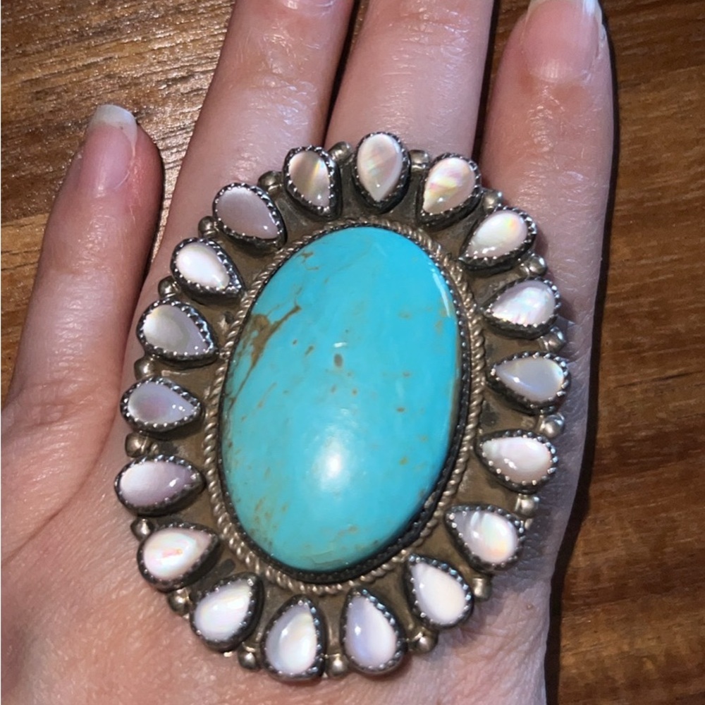 Turquoise and mother of pearl sterling silver statement ring